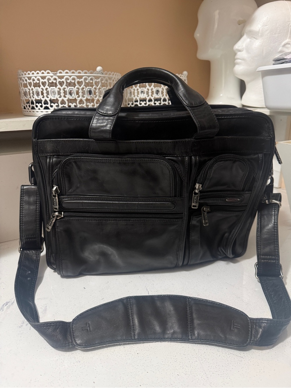 Tumi Black Leather Organizer Briefcase with Multiple Zip Pockets